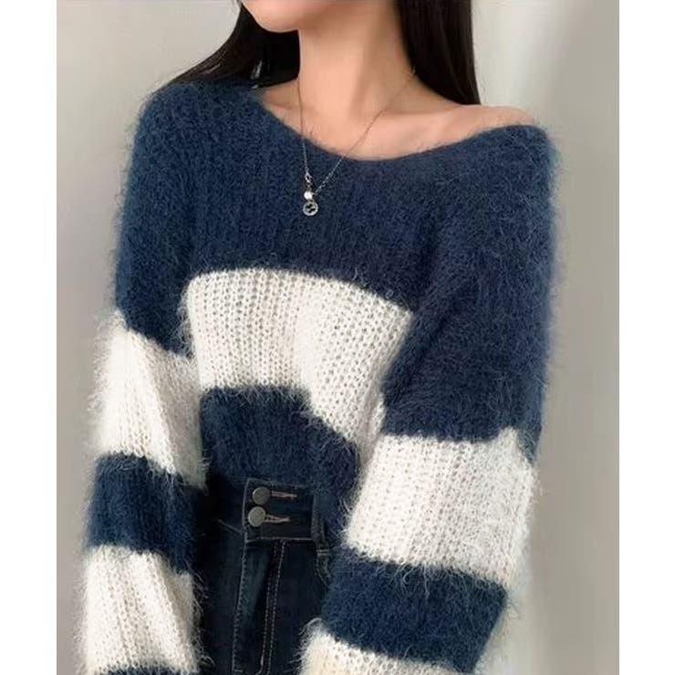 Vネックモヘア風ボーダーニットトップス トップス ニット | kirakiraShop  | 詳細画像20 
