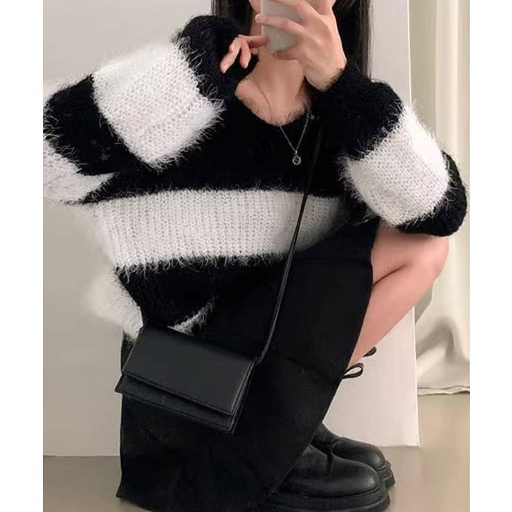 Vネックモヘア風ボーダーニットトップス トップス ニット | kirakiraShop  | 詳細画像3 