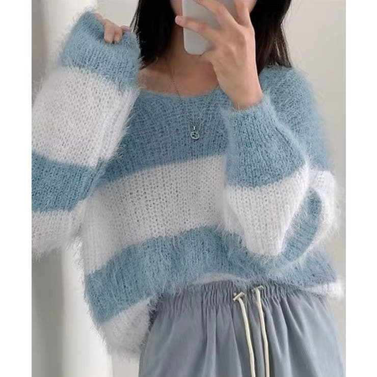 Vネックモヘア風ボーダーニットトップス トップス ニット | kirakiraShop  | 詳細画像31 