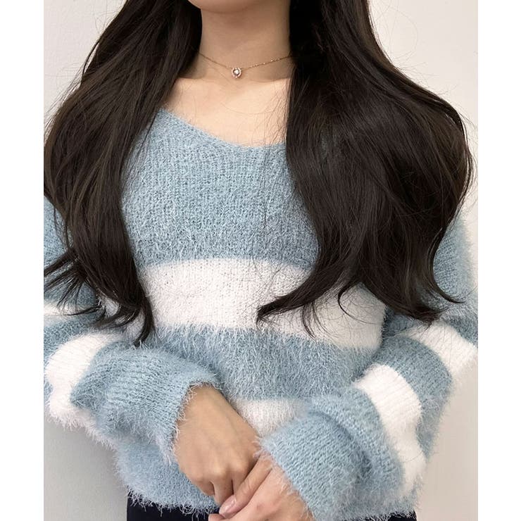 Vネックモヘア風ボーダーニットトップス トップス ニット | kirakiraShop  | 詳細画像33 