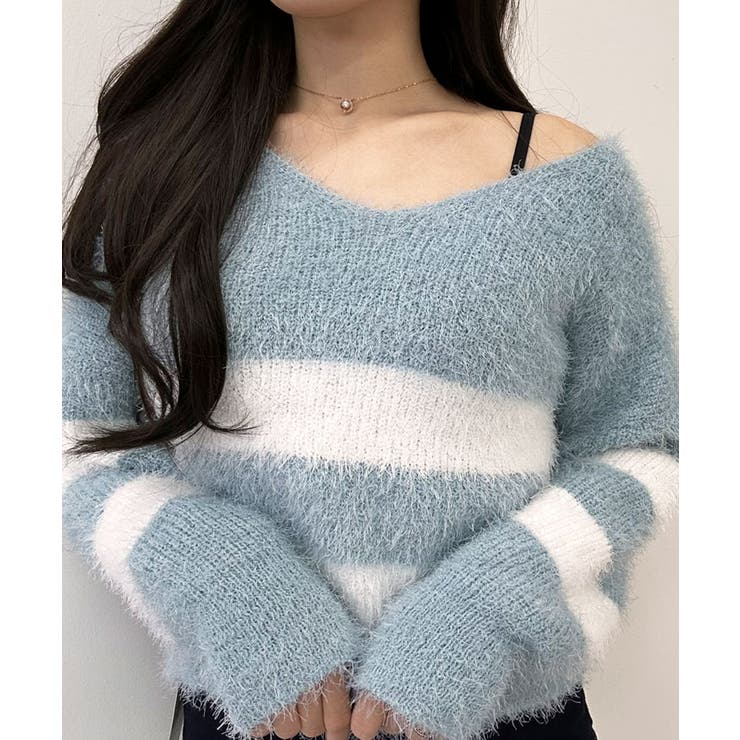 Vネックモヘア風ボーダーニットトップス トップス ニット | kirakiraShop  | 詳細画像34 