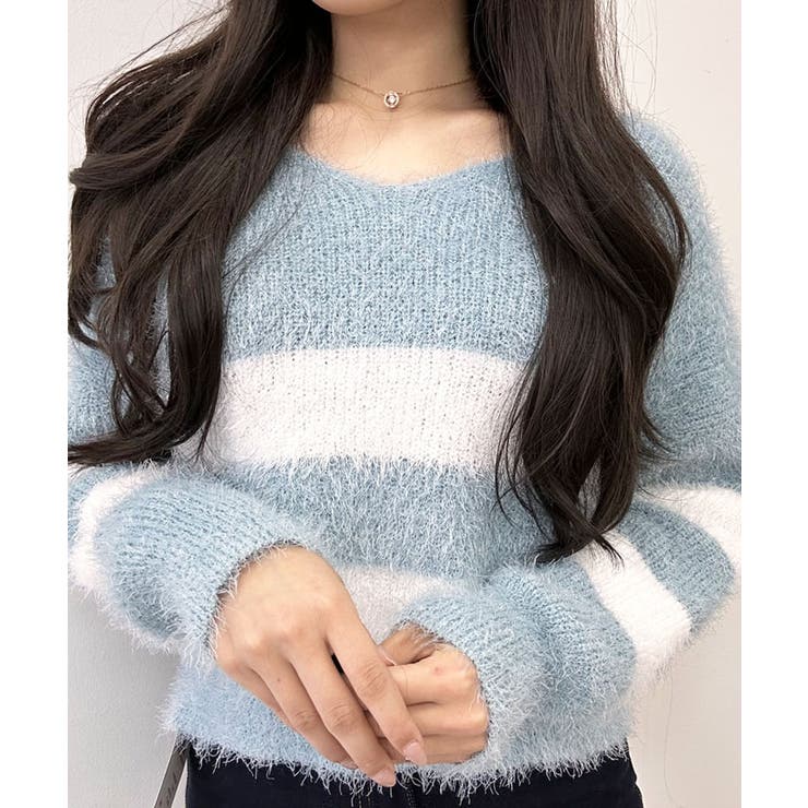 Vネックモヘア風ボーダーニットトップス トップス ニット | kirakiraShop  | 詳細画像36 
