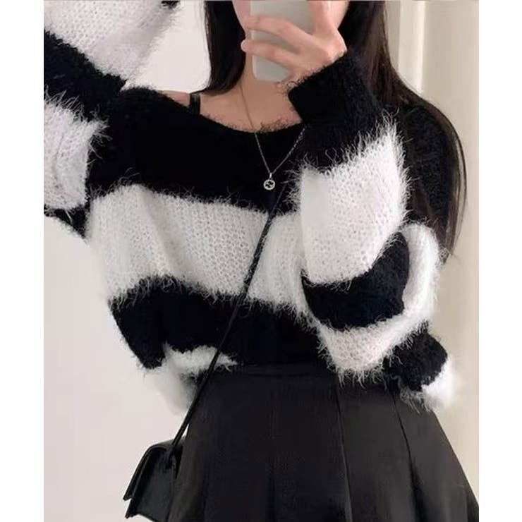 Vネックモヘア風ボーダーニットトップス トップス ニット | kirakiraShop  | 詳細画像8 