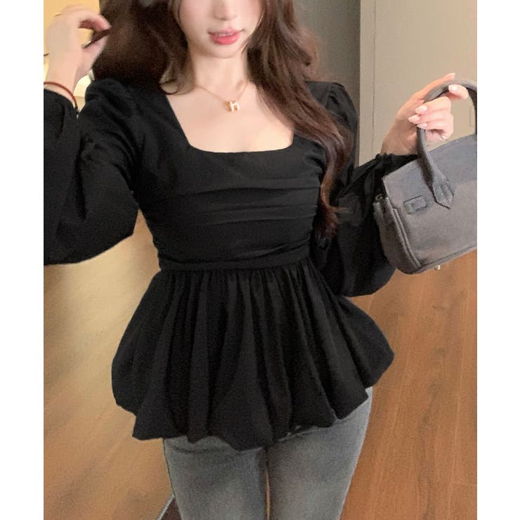 ブラック | ボリュームスリーブスクエアネックペプラムブラウス トップス ブラウス | kirakiraShop 