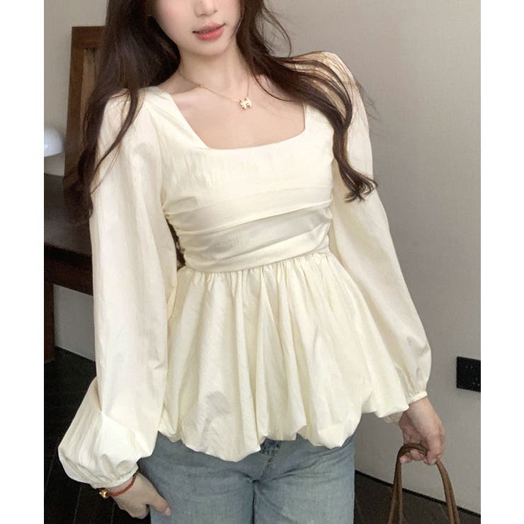 クリーム | ボリュームスリーブスクエアネックペプラムブラウス トップス ブラウス | kirakiraShop 