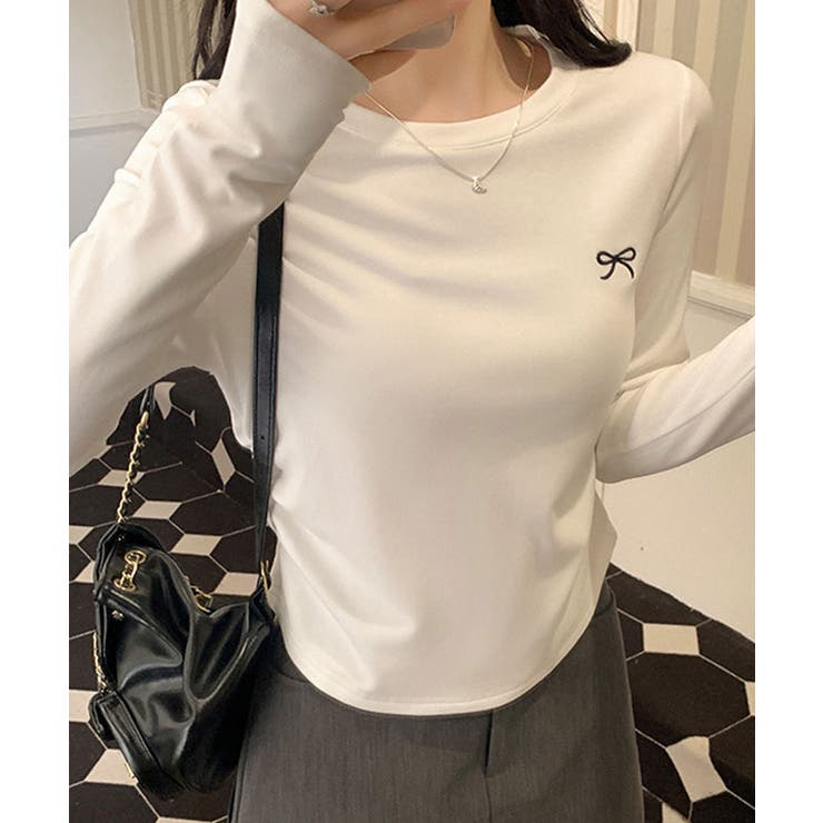 ホワイト | リボン刺繍ラウンドネックトップス トップス カットソー | kirakiraShop 