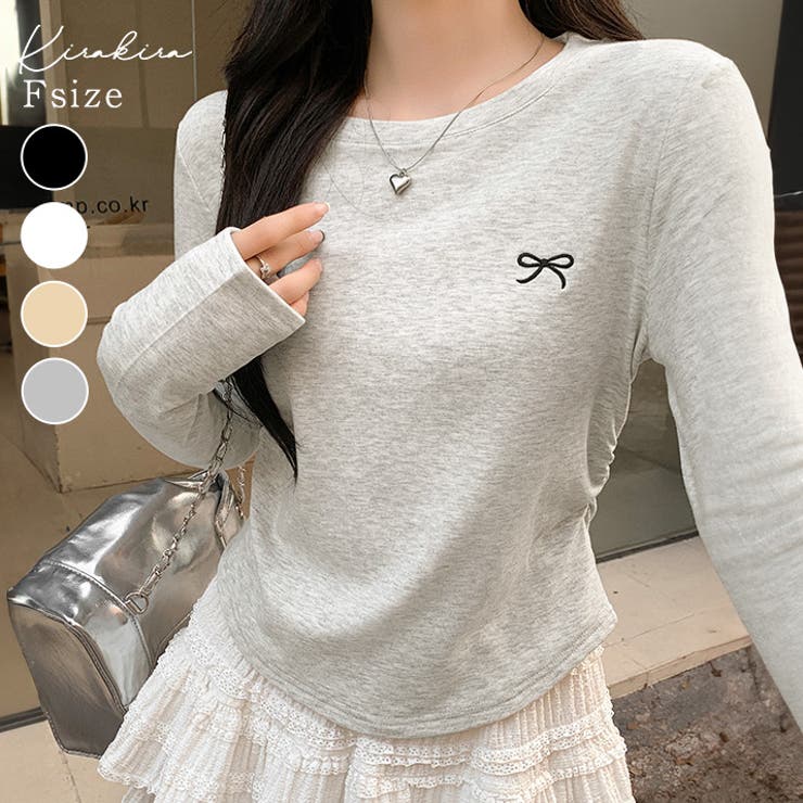 リボン刺繍ラウンドネックトップス トップス カットソー | kirakiraShop  | 詳細画像1 