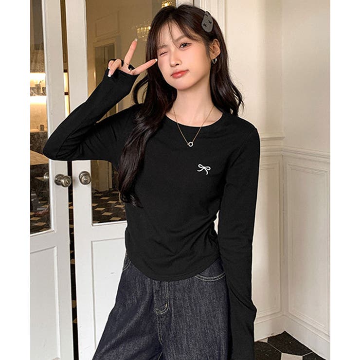 リボン刺繍ラウンドネックトップス トップス カットソー | kirakiraShop  | 詳細画像3 