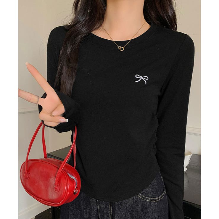 リボン刺繍ラウンドネックトップス トップス カットソー | kirakiraShop  | 詳細画像5 