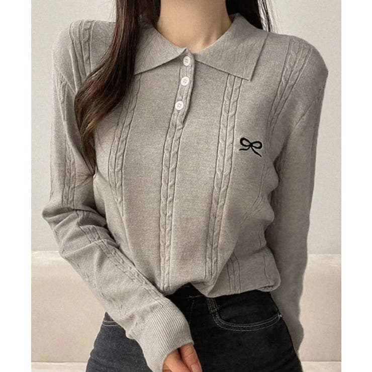 グレー | リボン刺繍ポロネックニット トップス ニット | kirakiraShop 