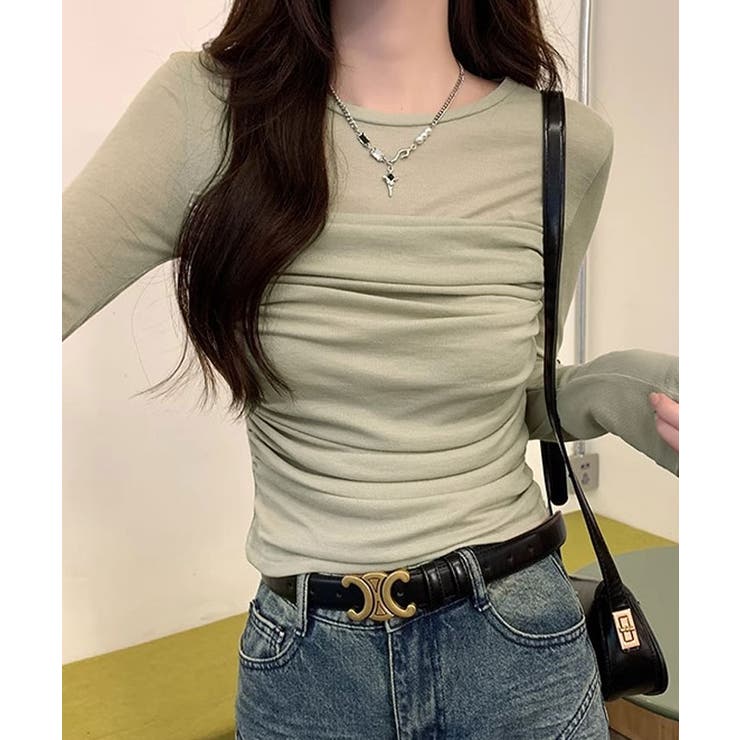 ギャザーロングスリーブトップス 長袖 ロンT[品番：IK000007985