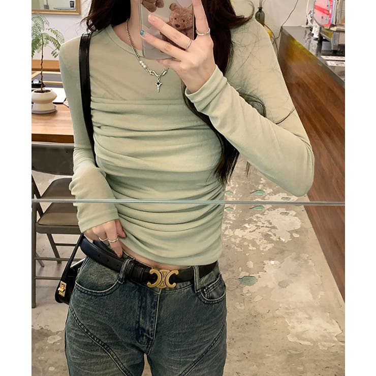 ギャザーロングスリーブトップス 長袖 ロンT[品番：IK000007985