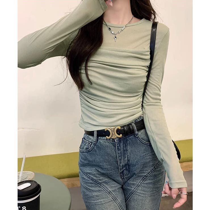 ギャザーロングスリーブトップス 長袖 ロンT[品番：IK000007985