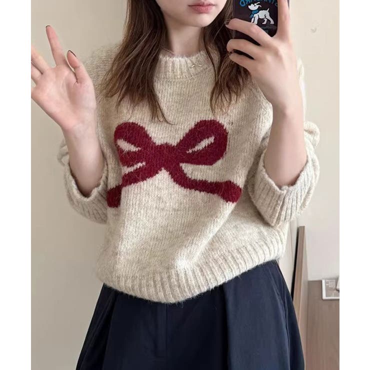 クリーム | フロントリボンデザインニット 4色 トップス | kirakiraShop 