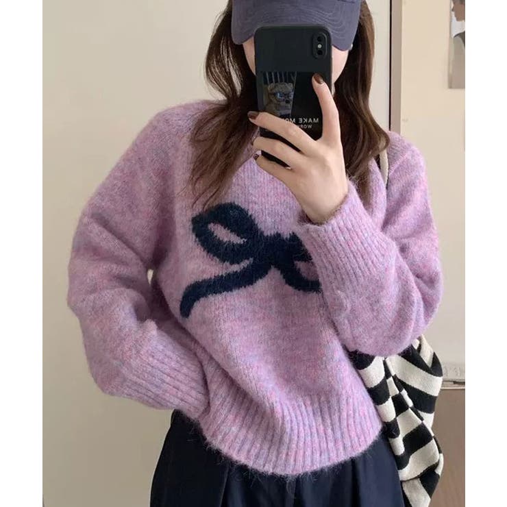 パープル | フロントリボンデザインニット 4色 トップス | kirakiraShop 