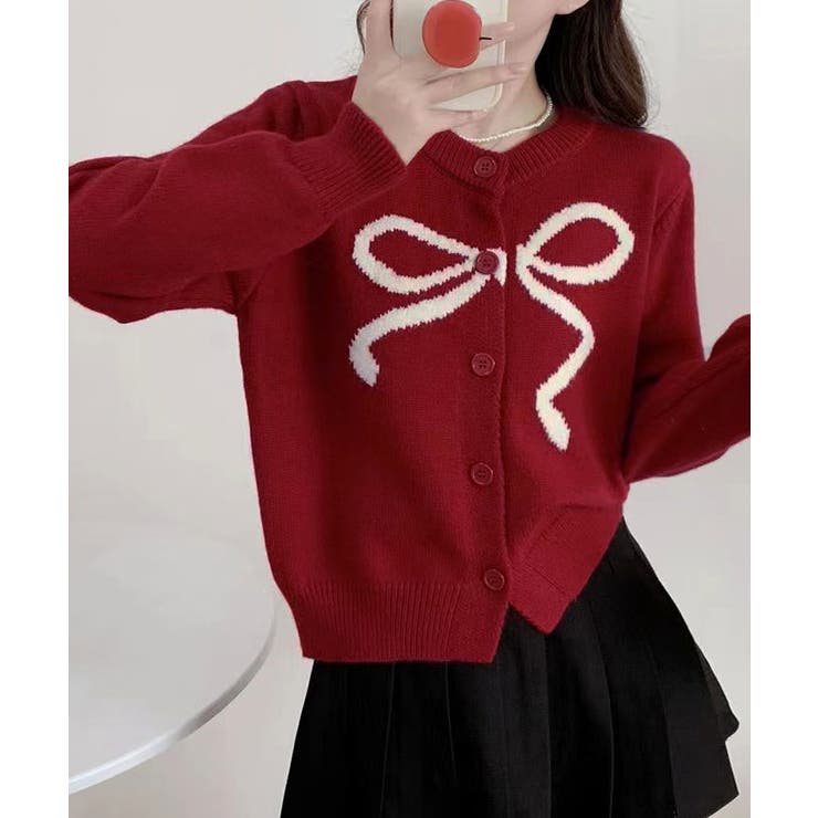 レッド | ラウンドネックリボンニットカーディガン トップス カーディガン | kirakiraShop 