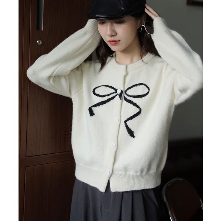 ラウンドネックリボンニットカーディガン トップス カーディガン | kirakiraShop  | 詳細画像3 