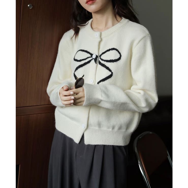 ラウンドネックリボンニットカーディガン トップス カーディガン | kirakiraShop  | 詳細画像5 