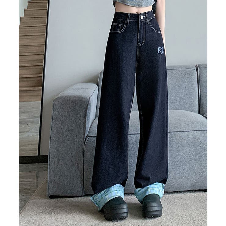 裾裏チェック柄デニムパンツ 4サイズ ボトムス[品番