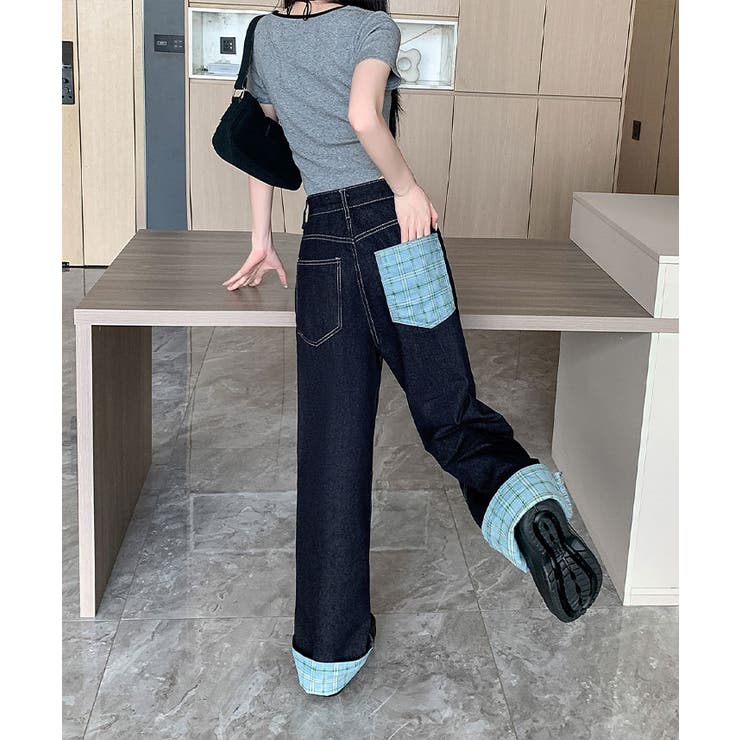 裾裏チェック柄デニムパンツ 4サイズ ボトムス | kirakiraShop  | 詳細画像6 