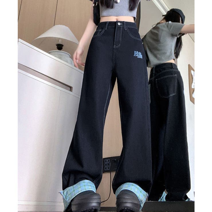 と*ほ様 チェック柄デニムワイドレッグパンツ Kiko supreme stus と*ほ様 チェック柄デニムワイドレッグパンツ Kiko supreme stus