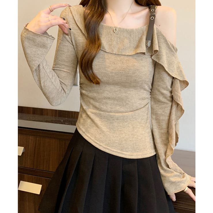 【全2色】レイヤードオフショルダートップ　ベージュ スカイ　【besek-e08308top】( mja )(240916) Bab / Bou Jeloud｜レイヤードオフショル風カットトップス