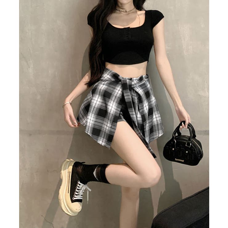 腰巻きシャツ風チェック柄ショートパンツ 3サイズ ボトムス[品番