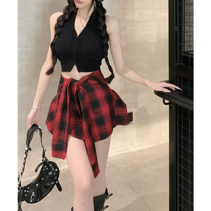 腰巻きシャツ風チェック柄ショートパンツ 3サイズ ボトムス[品番