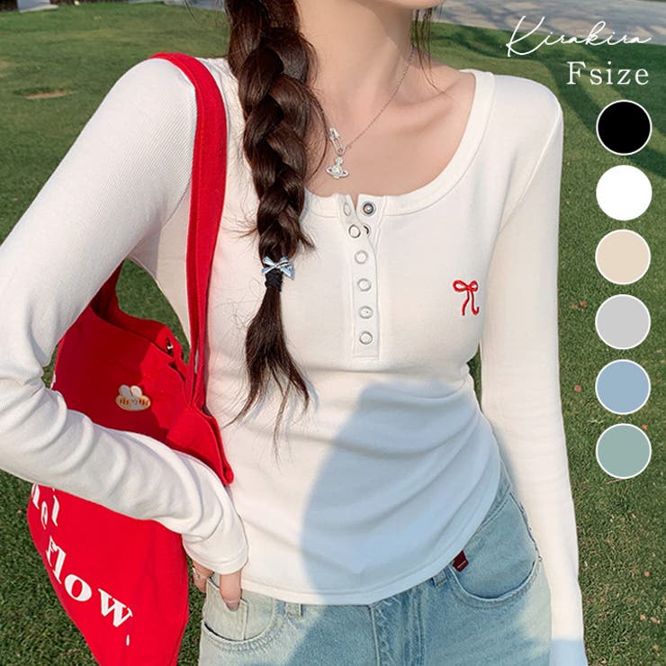 リボン刺繍ヘンリーネックロングTシャツ トップス フィット | kirakiraShop  | 詳細画像1 