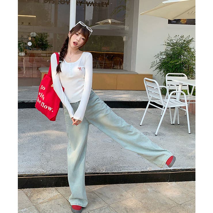 リボン刺繍ヘンリーネックロングTシャツ トップス フィット | kirakiraShop  | 詳細画像11 