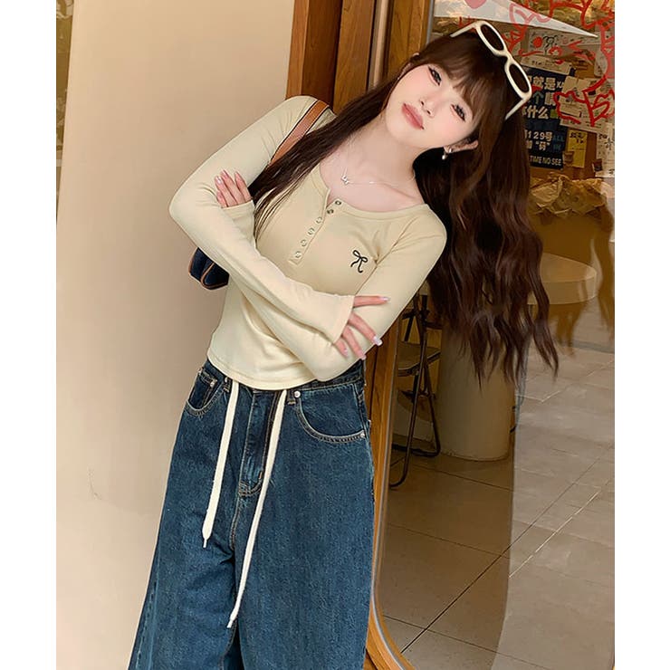 リボン刺繍ヘンリーネックロングTシャツ トップス フィット | kirakiraShop  | 詳細画像18 