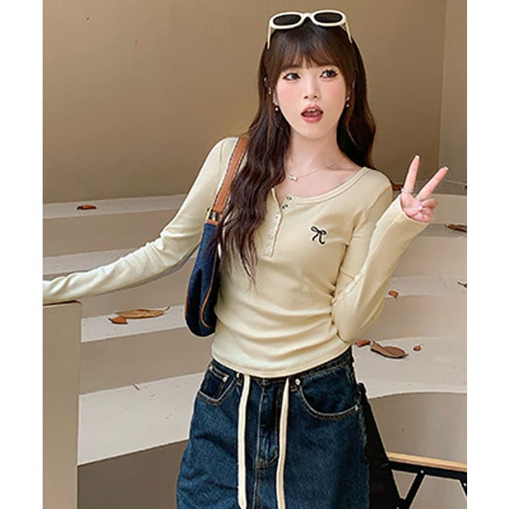 リボン刺繍ヘンリーネックロングTシャツ トップス フィット | kirakiraShop  | 詳細画像22 