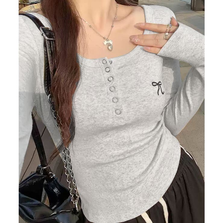 リボン刺繍ヘンリーネックロングTシャツ トップス フィット | kirakiraShop  | 詳細画像24 