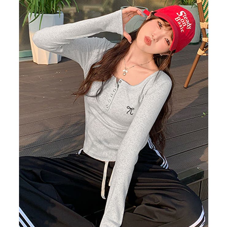 リボン刺繍ヘンリーネックロングTシャツ トップス フィット | kirakiraShop  | 詳細画像30 