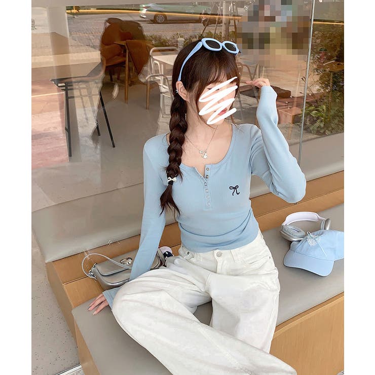 リボン刺繍ヘンリーネックロングTシャツ トップス フィット | kirakiraShop  | 詳細画像34 