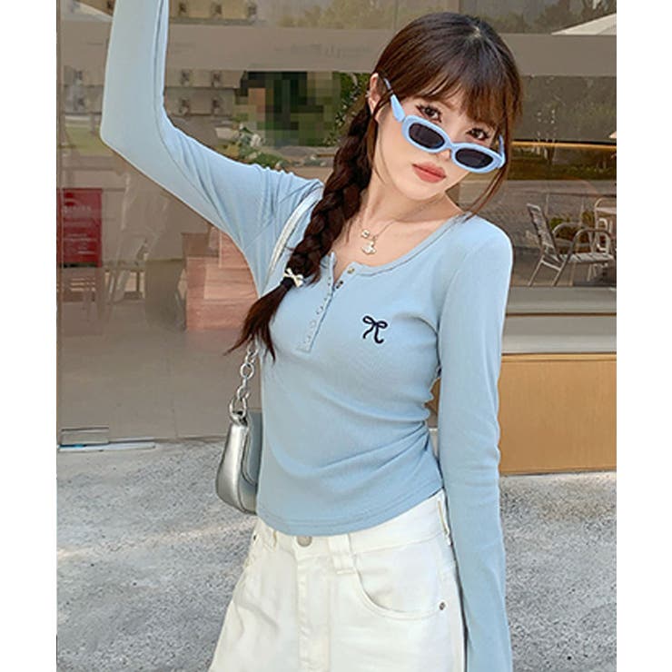 リボン刺繍ヘンリーネックロングTシャツ トップス フィット | kirakiraShop  | 詳細画像36 
