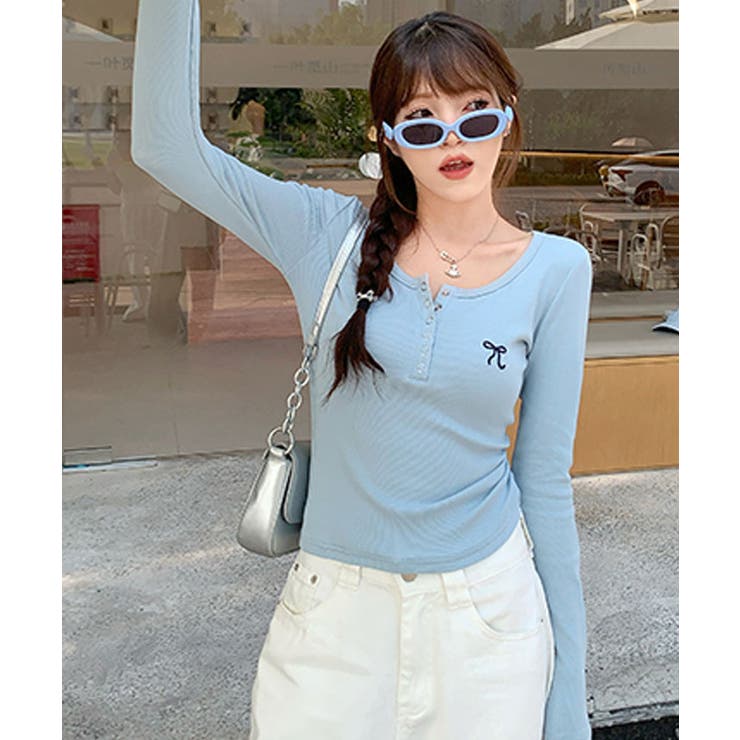 リボン刺繍ヘンリーネックロングTシャツ トップス フィット | kirakiraShop  | 詳細画像37 