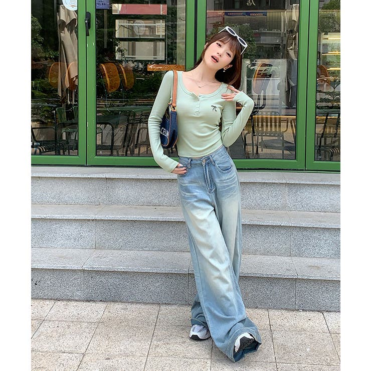 リボン刺繍ヘンリーネックロングTシャツ トップス フィット | kirakiraShop  | 詳細画像40 