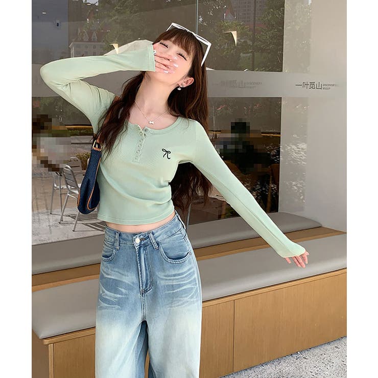 リボン刺繍ヘンリーネックロングTシャツ トップス フィット | kirakiraShop  | 詳細画像42 
