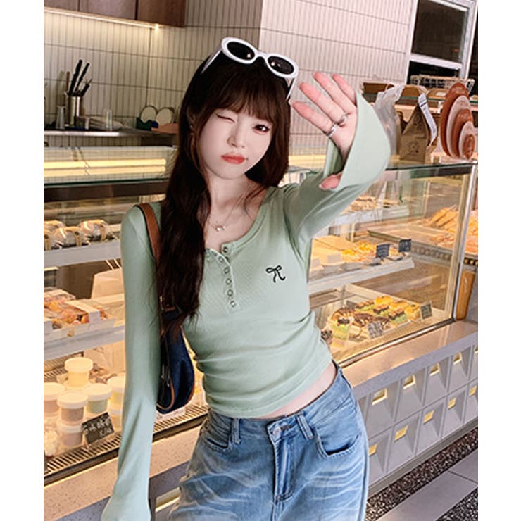 リボン刺繍ヘンリーネックロングTシャツ トップス フィット | kirakiraShop  | 詳細画像43 