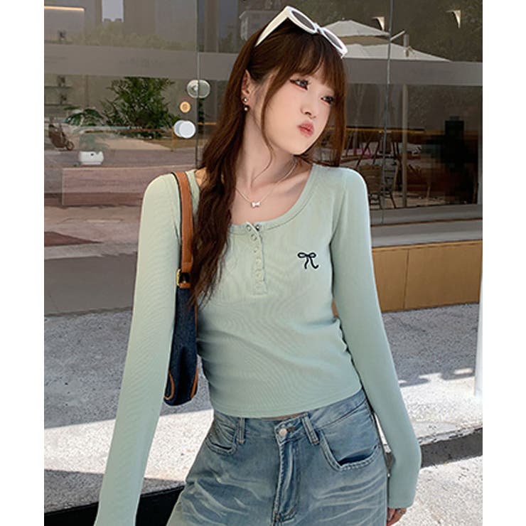 リボン刺繍ヘンリーネックロングTシャツ トップス フィット | kirakiraShop  | 詳細画像46 