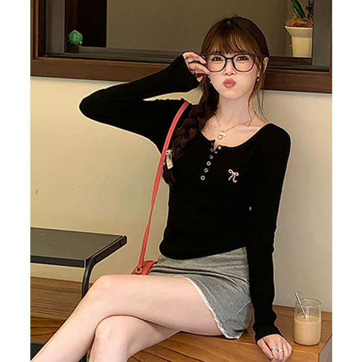 リボン刺繍ヘンリーネックロングTシャツ トップス フィット | kirakiraShop  | 詳細画像6 