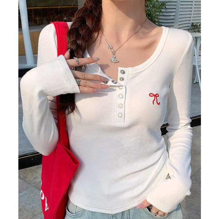 リボン刺繍ヘンリーネックロングTシャツ トップス フィット | kirakiraShop  | 詳細画像9 