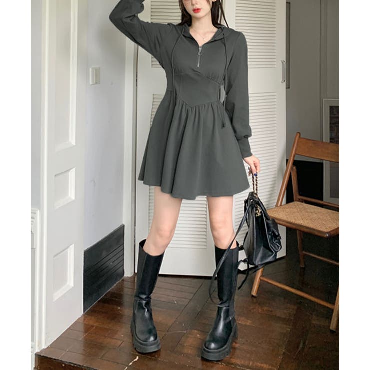 フード付きウエストマークAラインミニワンピース 2色 ミニワンピース