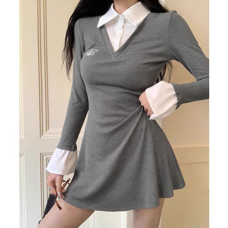 【大人気】グレー 長袖ミニワンピース LAZA (グレー) ニットワンピース 長袖 スリム タイト ボディ