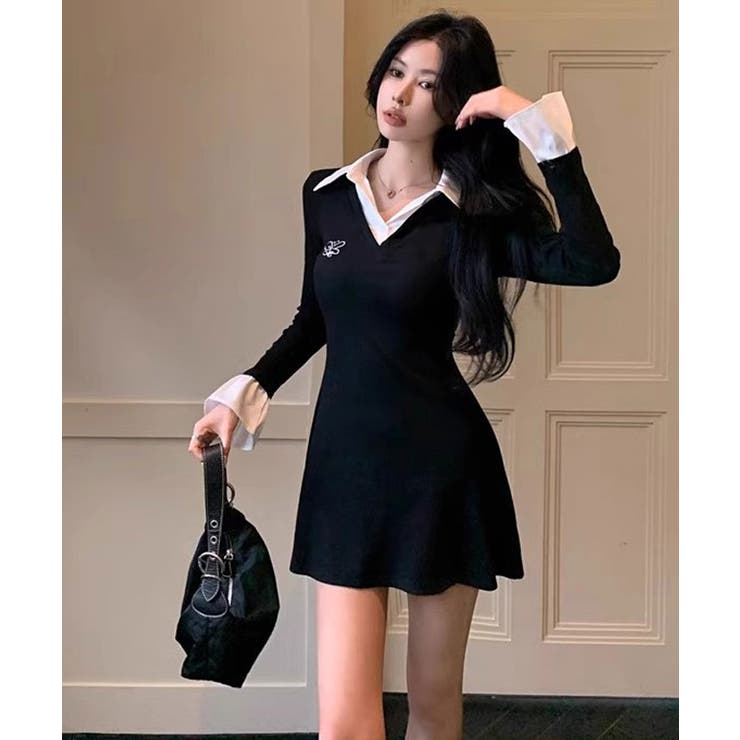 ミニタイトワンピース ボリューム袖 2ピース風 韓国系 S4225 楽天市場】Aラインワンピース 全2色 半袖 配色 ミニワンピース