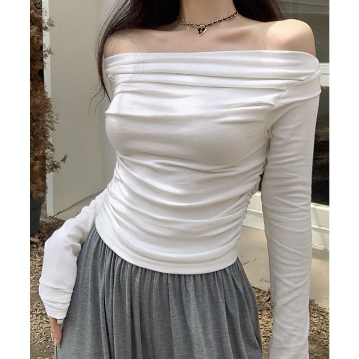 ホワイト | オフショルダーサイドギャザーカットソー トップス カットソー | kirakiraShop 