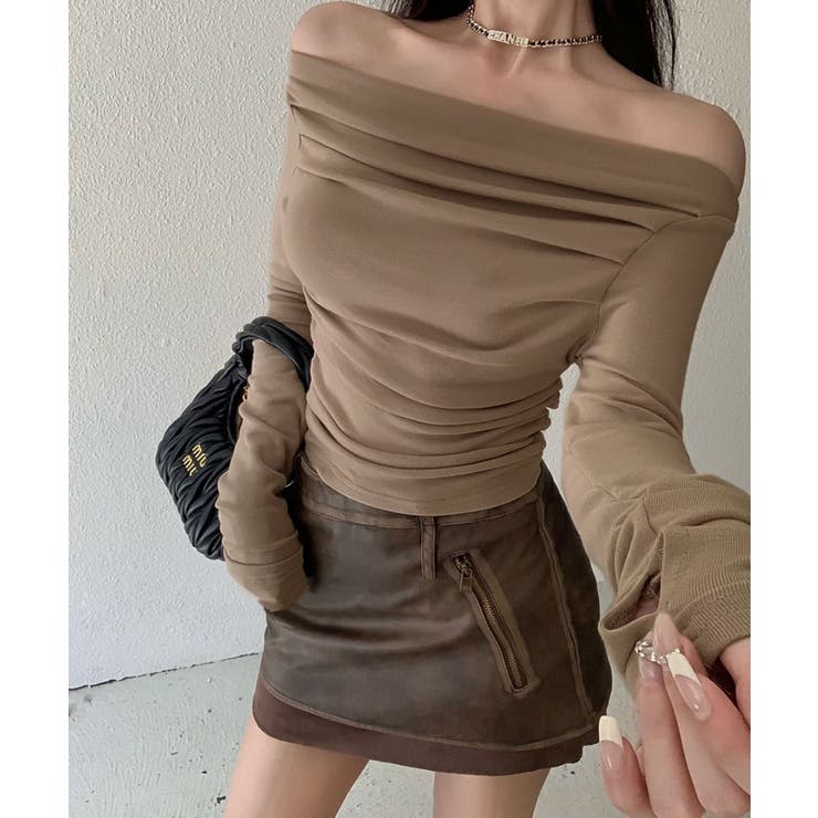 ブラウン | オフショルダーサイドギャザーカットソー トップス カットソー | kirakiraShop 