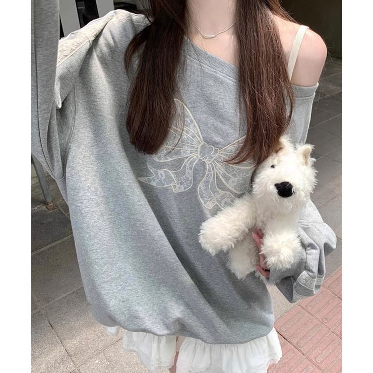 グレー | ワンショルダーリボンレーススウェットプルオーバー ロゴ スウェット | kirakiraShop 