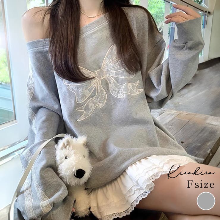 ワンショルダーリボンレーススウェットプルオーバー ロゴ スウェット | kirakiraShop  | 詳細画像1 